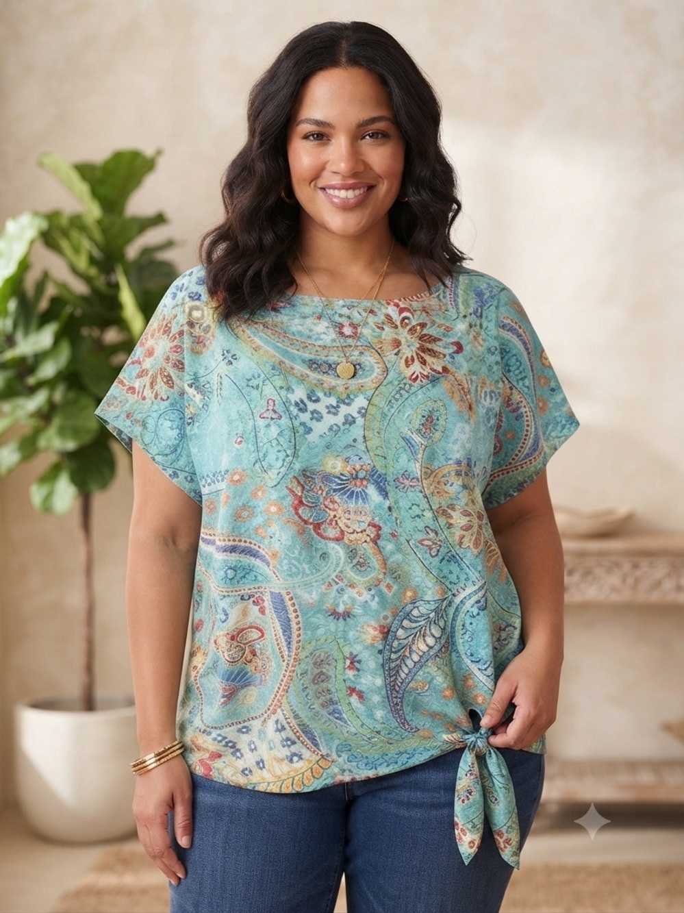 Ralph Lauren Turquoise Paisley Tie-Hem Short Sleeve Top Plus Size